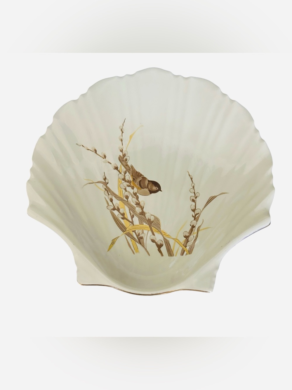 Vintage Otagiri Japan Plate Bird White Gold Accents Shell Shape Trinket Dish